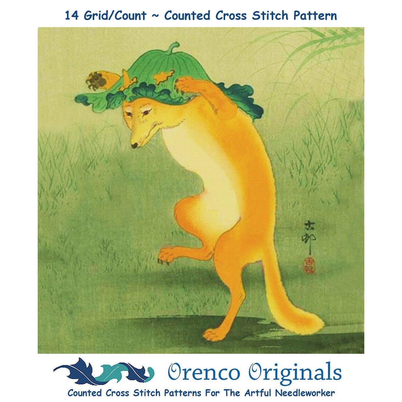 Japanese Ohara Shoson's The Dancing Fox Detail Square Counted Cross Stitch Pattern